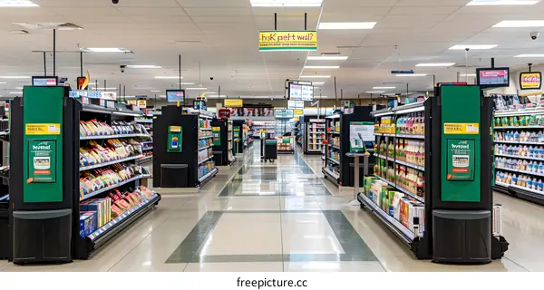 Empty Supermarket Aisle With Shelves Stocked With Food Products