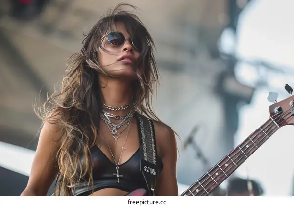A young female musician playing bass guitar on stage