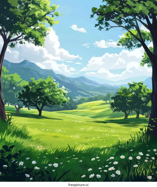 Beautiful Serene Green Rolling Hills Fantasy Landscape