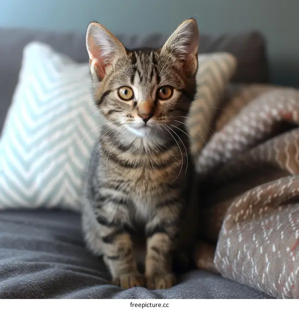 A cute tabby kitten sits on a bed and looks at the camera