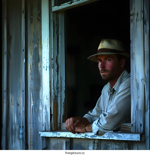 Portrait of a man in a hat looking out a window