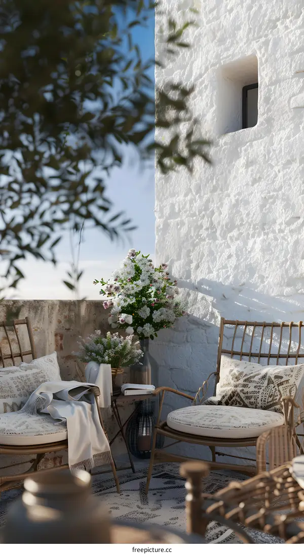 White Wall Balcony with Wicker Chairs and Flowers