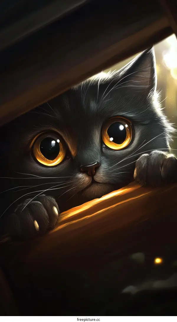 Cute Black Kitten Peeking Through Darkness