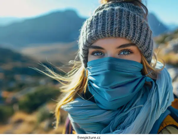 Young woman wearing a face mask hiking in the mountains