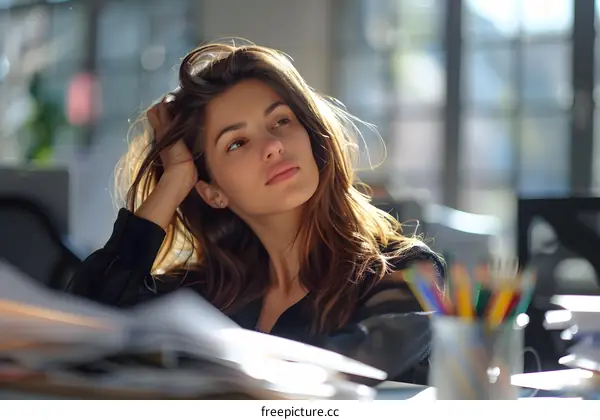 Portrait of a young woman sitting at her desk and looking away thoughtfully