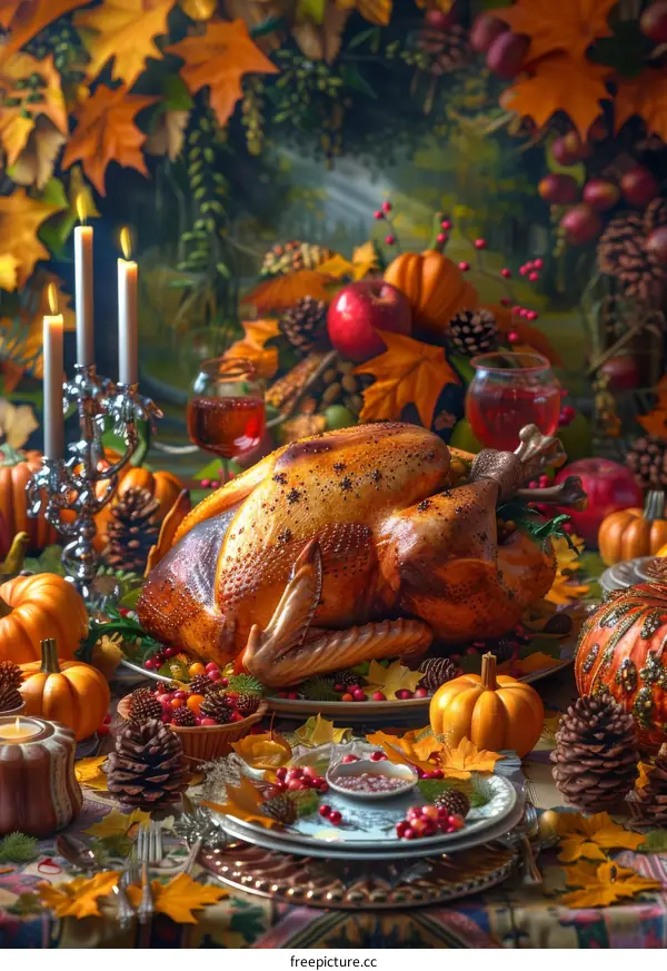 Thanksgiving Dinner: Roasted Turkey, Pumpkins, and Autumn Charm