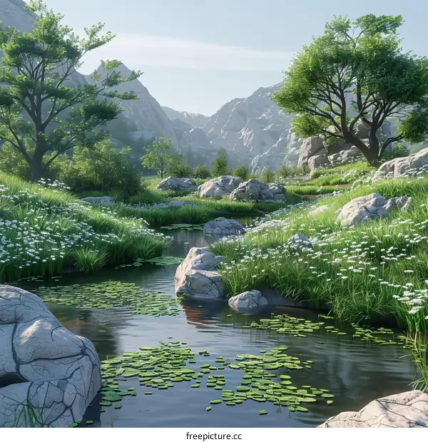 Mountain Landscape with River, Trees, and Flowers