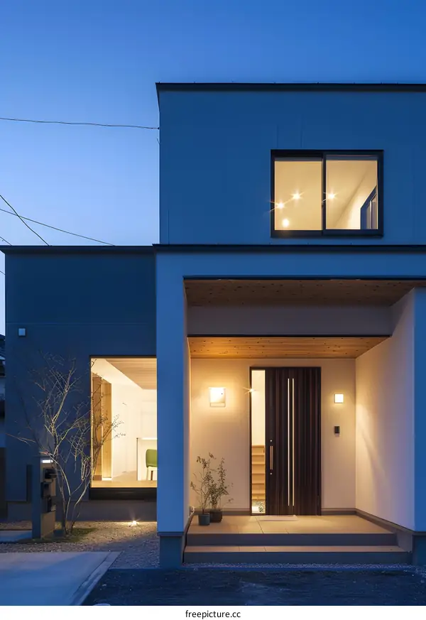 Modern Home Exterior with Wooden Door at Dusk