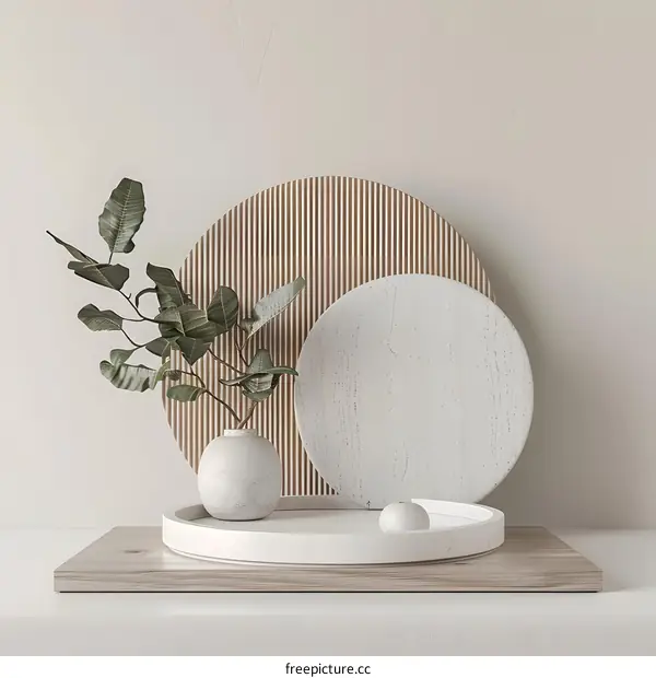 Minimalist Home Decor with Green Plant and Circular Wooden Objects