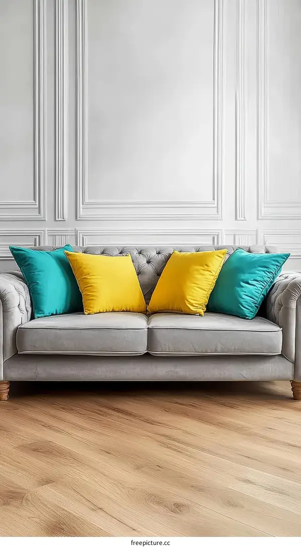 Elegant Living Room with Gray Sofa and Colorful Cushions