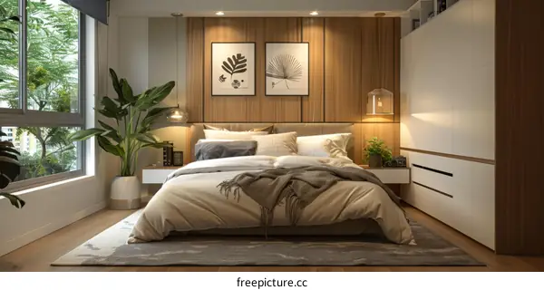 Modern Bedroom with Wood Paneling and Large Windows