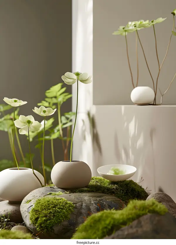 White Flowers in a Round Vase on a Rock with Moss
