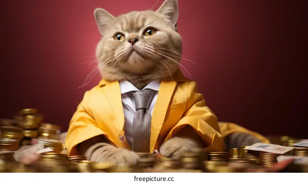 A Cat in Suit and Tie Poses on a Pile of Cash