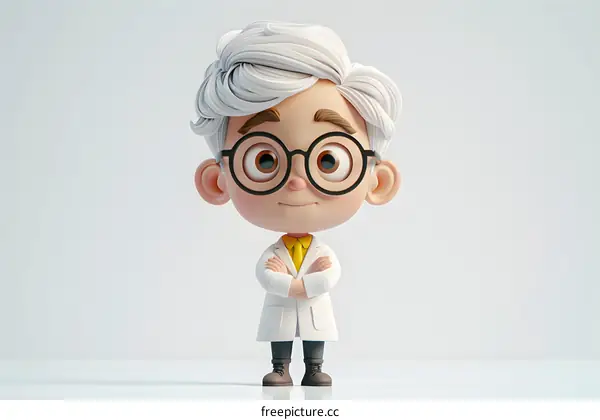 Cartoon Scientist Character With White Hair And Glasses Standing In Front Of A White Background
