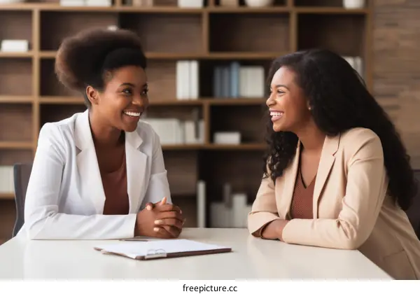 Two young African American businesswomen having a meeting in an office