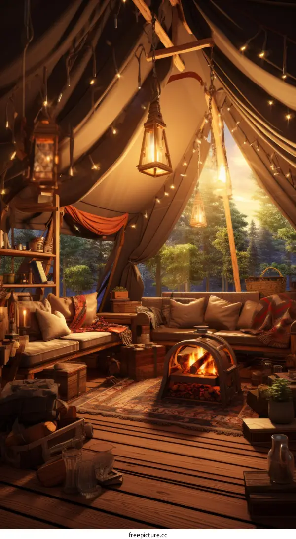 Cozy interior of a furnished tent with a fireplace and a view of the forest outside