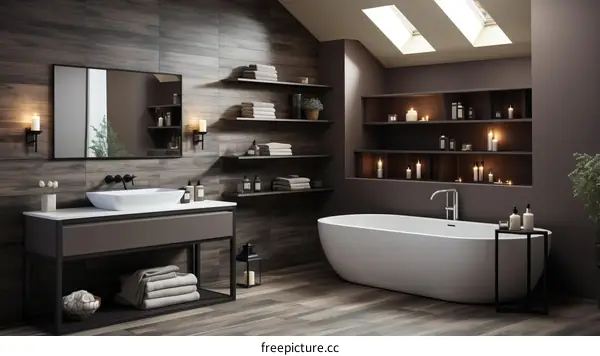 Bathroom Interior with Dark Wood Walls and a White Bathtub
