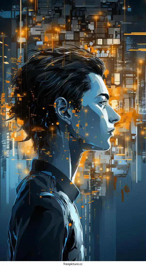 A young man standing in a city with a futuristic cityscape in the background