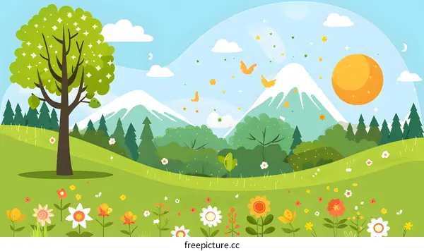 Cartoon Illustration of Beautiful Spring Landscape with Flowers, Trees, Mountains, Sky and Sun