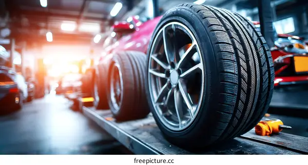 Car Tire and Wheel in a Repair Shop