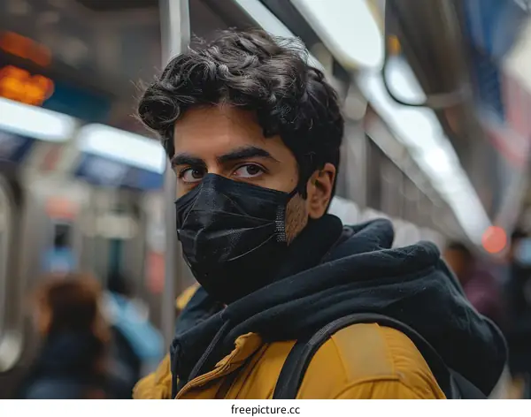 Portrait of a young man wearing a mask on a subway platform