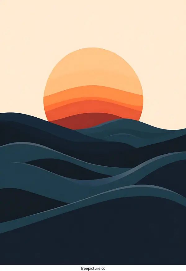 Abstract Minimalist Sunset Over the Ocean Waves