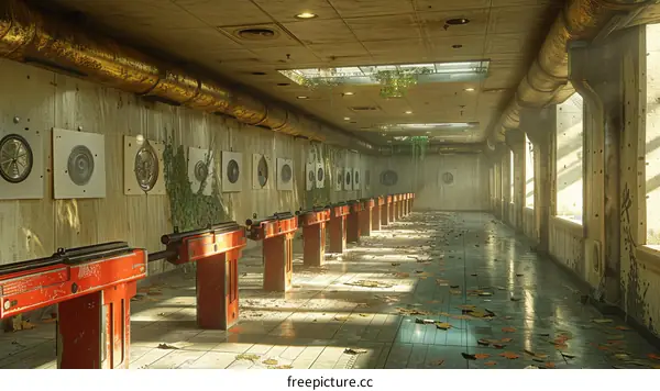 Futuristic abandoned shooting range with overgrown plants