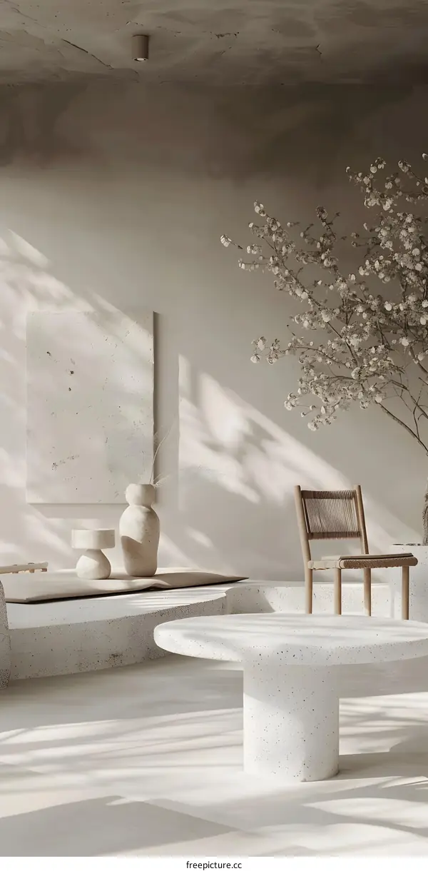 Minimalist Interior Design with White Furniture and a Branch of Cherry Blossoms