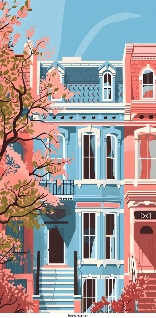 Colorful Illustration Of Row Houses With A Tree In Front