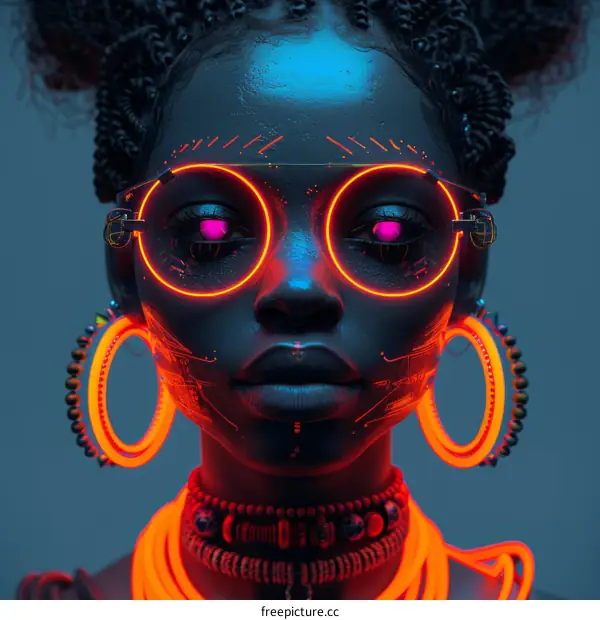 Portrait of a Black Woman with Glowing Orange Eyes and Neon Orange Accessories