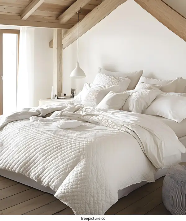 White Bedding and Wooden Ceiling Interior Design