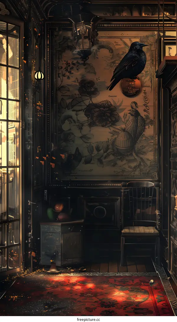 Vintage Room with Black Crow and Floral Wallpaper