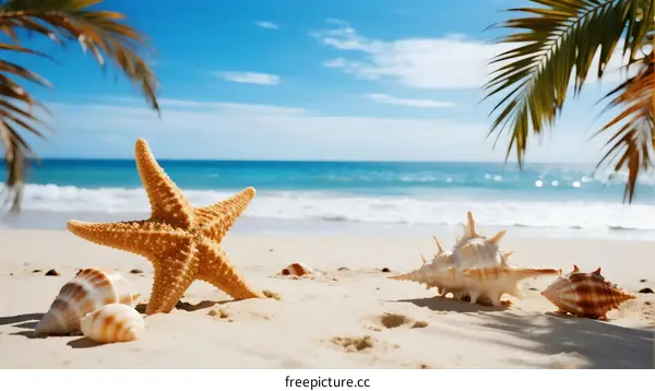 Starfish and seashells on sandy beach under clear sky