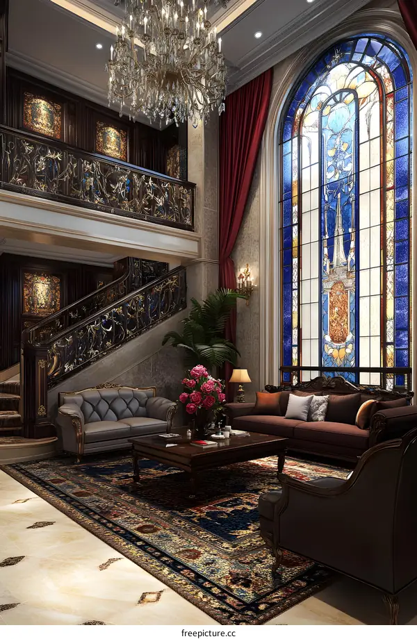 Luxury Living Room Interior Design With Stained Glass Window