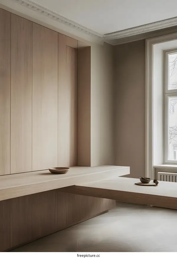 Minimalist Modern Interior Design with Wooden Cabinetry and Herringbone Flooring