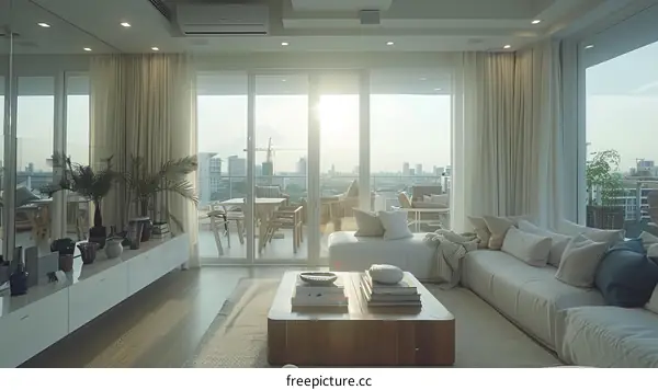 Modern luxury living room interior with large windows and city view