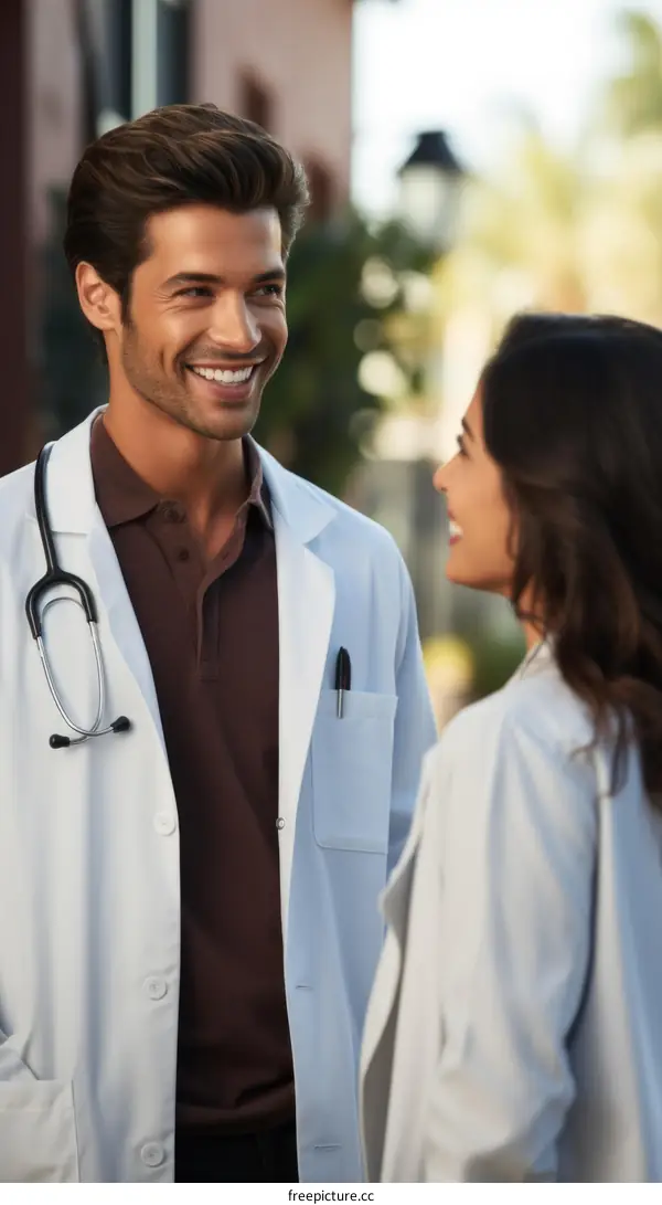 Two doctors in white coats are talking and smiling