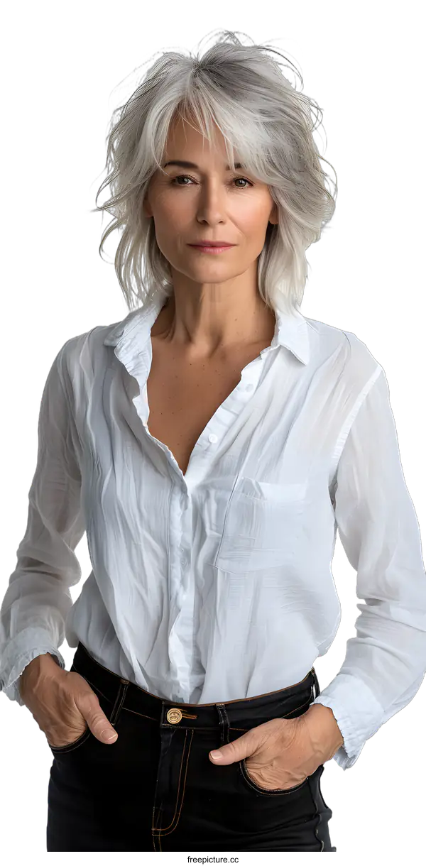 [Transparent Background PNG]portrait of a beautiful mature woman with gray hair