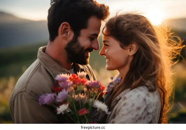 A man and a woman are standing in a field of flowers, smiling at each other.