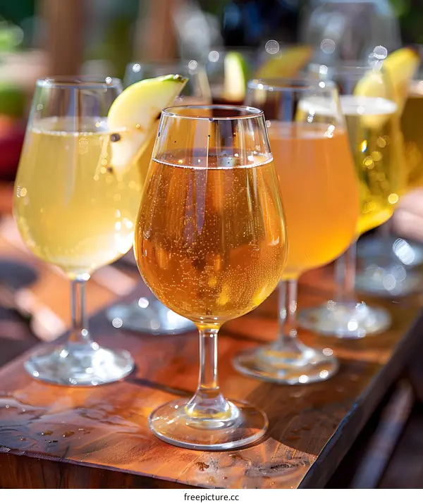 Close Up Of Glass Of Pear Cider On Wooden Table
