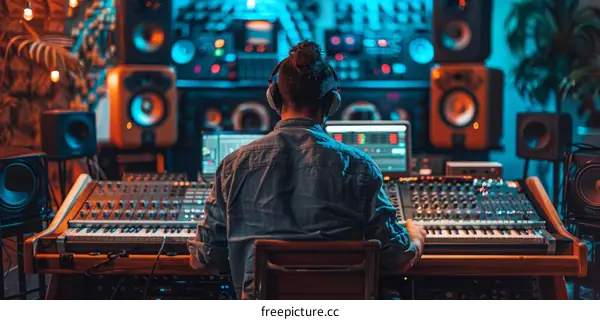 Black male music producer working at a recording studio