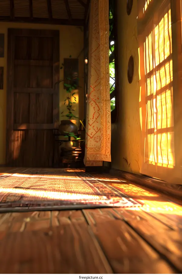 Sunbeams Shining Through Window In Interior Of Wooden House
