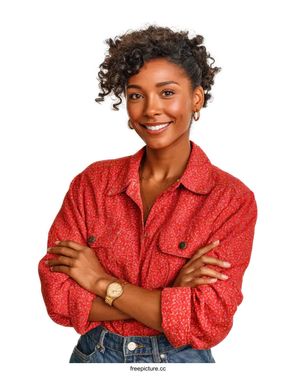 [Transparent Background PNG]Smiling African Woman in Red Shirt