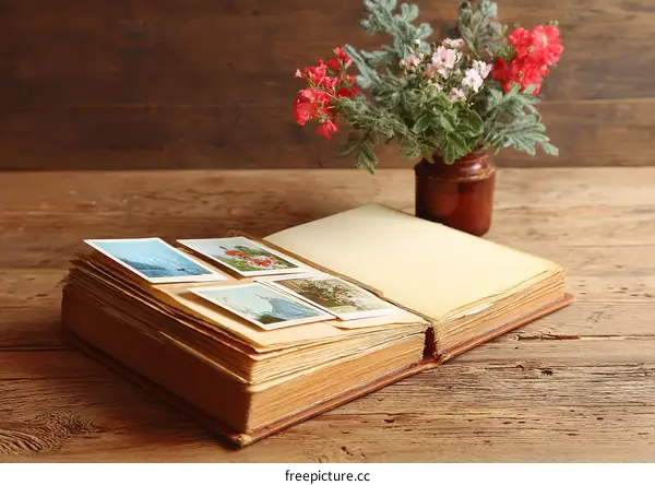 Vintage Photo Album on Wooden Table with Flowers