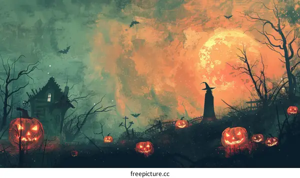 Spooky Witch Under a Full Moon in the Forest