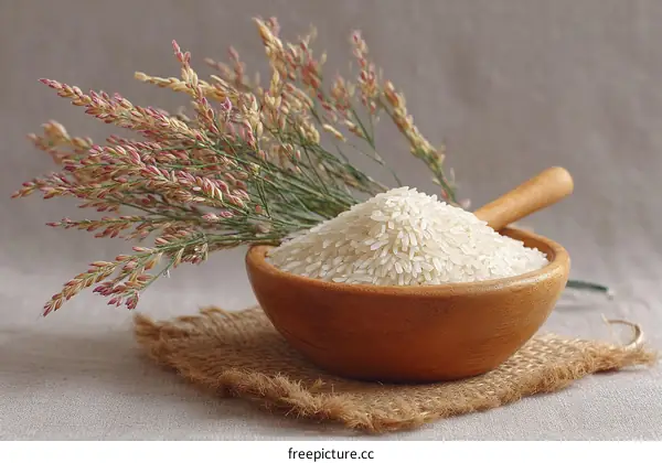 Wooden Bowl of White Rice with Wildflowers