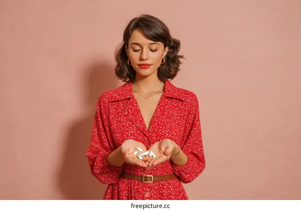 Woman Holding Pills Against Pink Background