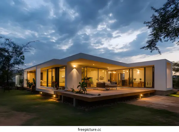 Modern White House with Large Windows and a Wooden Deck at Dusk