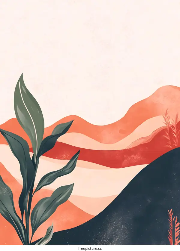 Abstract Minimalist Landscape with Green Leaves and Coral Colors