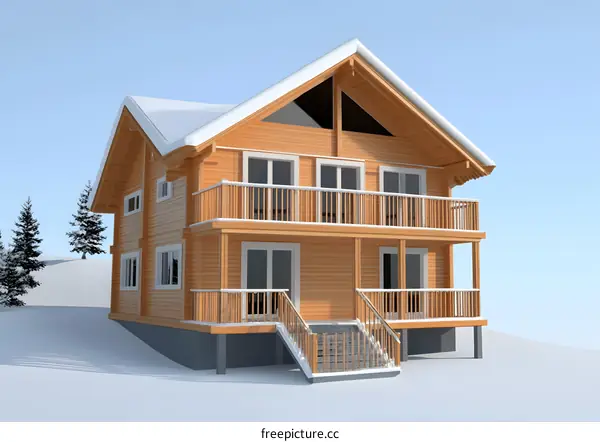 Wooden House with Balcony and Snow Covered Roof